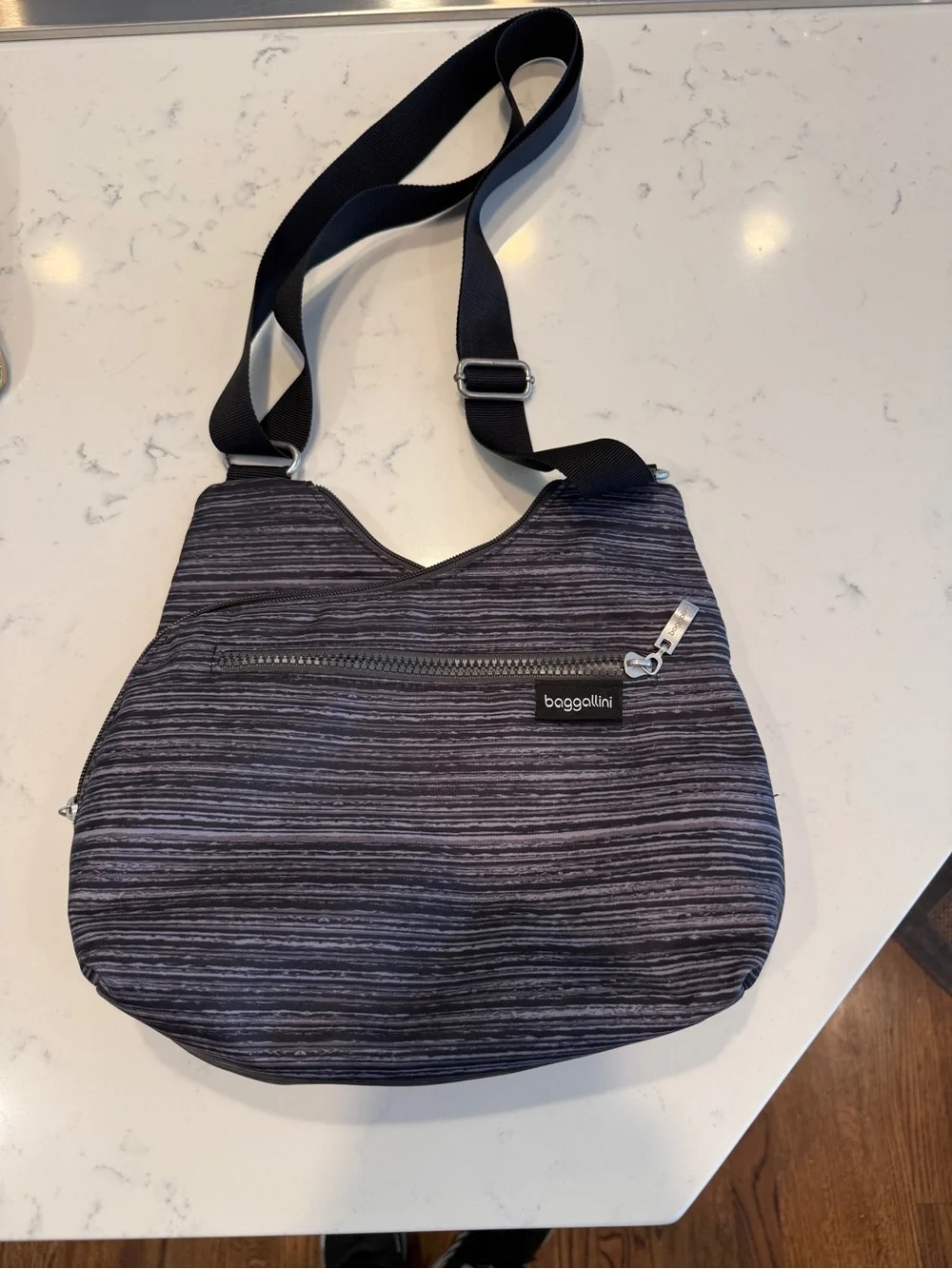 Baggallini Gray Black Striped Crossbody Bag Adjustable Strap Travel Purse
